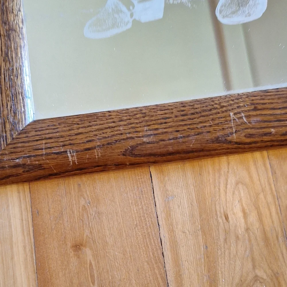 Vintage Cowboy Kid And Cat Etched Glass Mirror With Wooden Frame